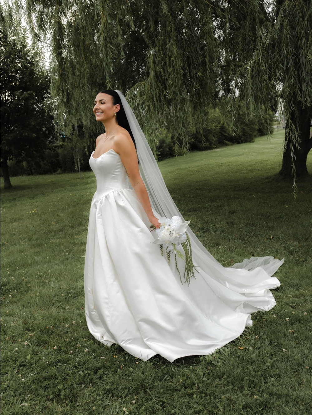 Stella York White Strapless Satin Wedding Gown with Long Veil